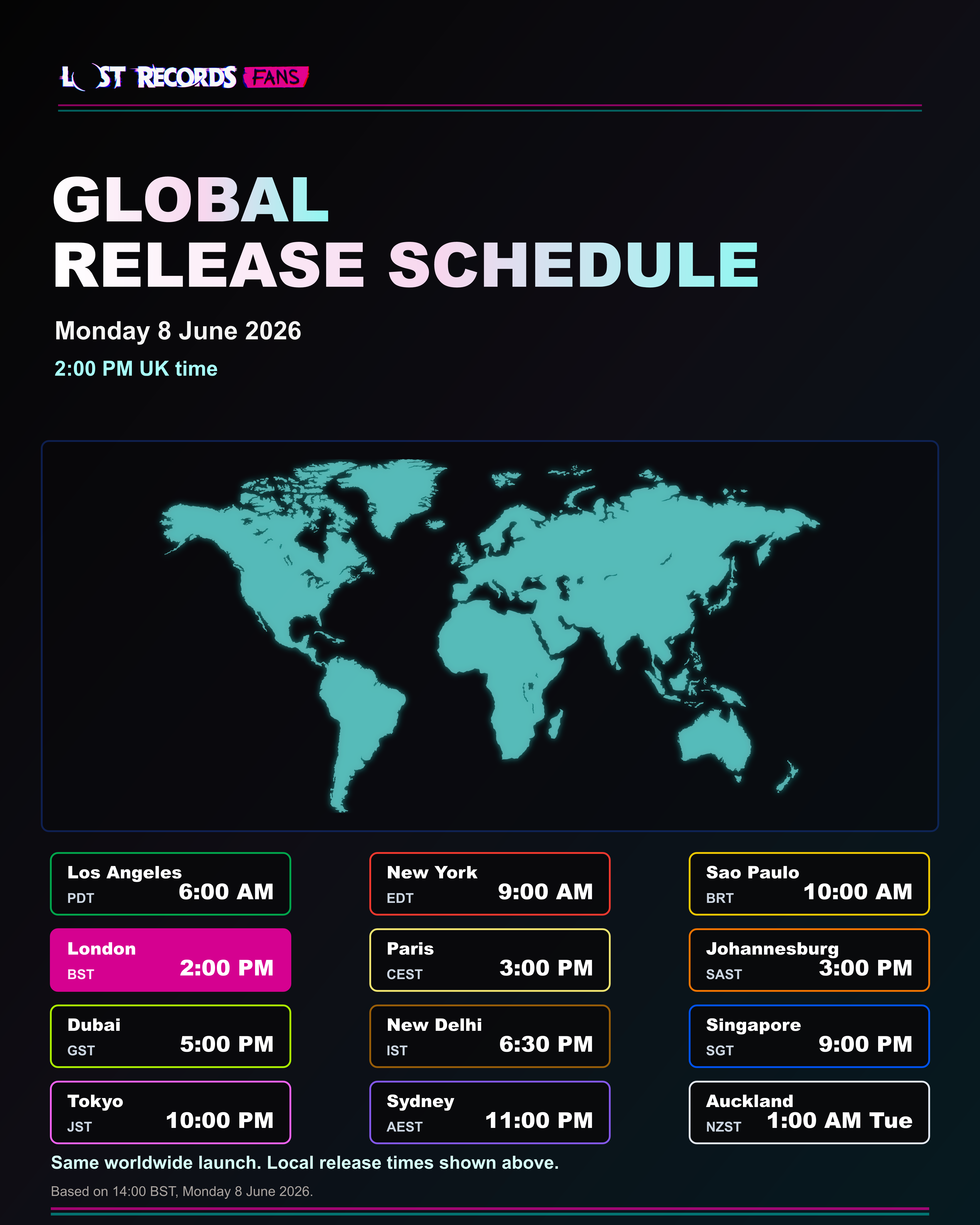 Portrait social image preview for the global release schedule.
